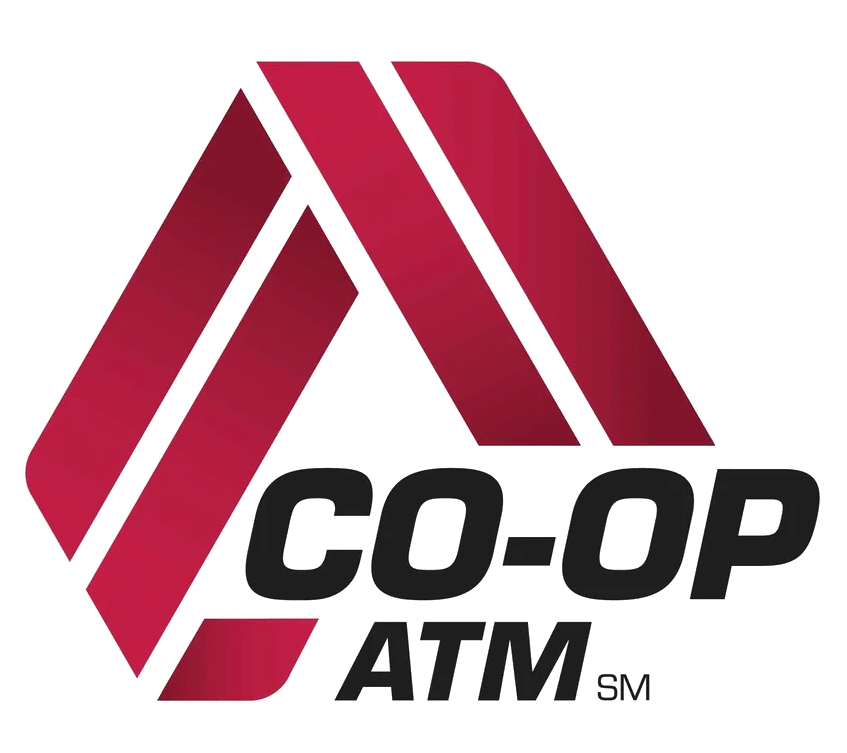 Logo featuring three maroon diagonal stripes forming an abstract hexagon with the text CO-OP ATM SM in bold black letters beneath the design.