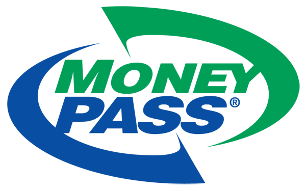 The image shows the MoneyPass logo with the words MoneyPass in green and blue text, surrounded by two curved arrows forming a circular motion.