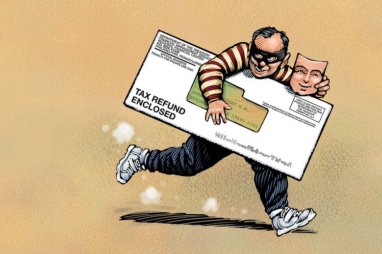 Thief running with check and taking off mask that looks like happy human face