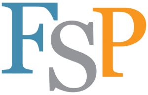 Large, overlapping capital letters F (blue), S (gray), and P (orange) on white, in a bold serif font with vibrant colors.