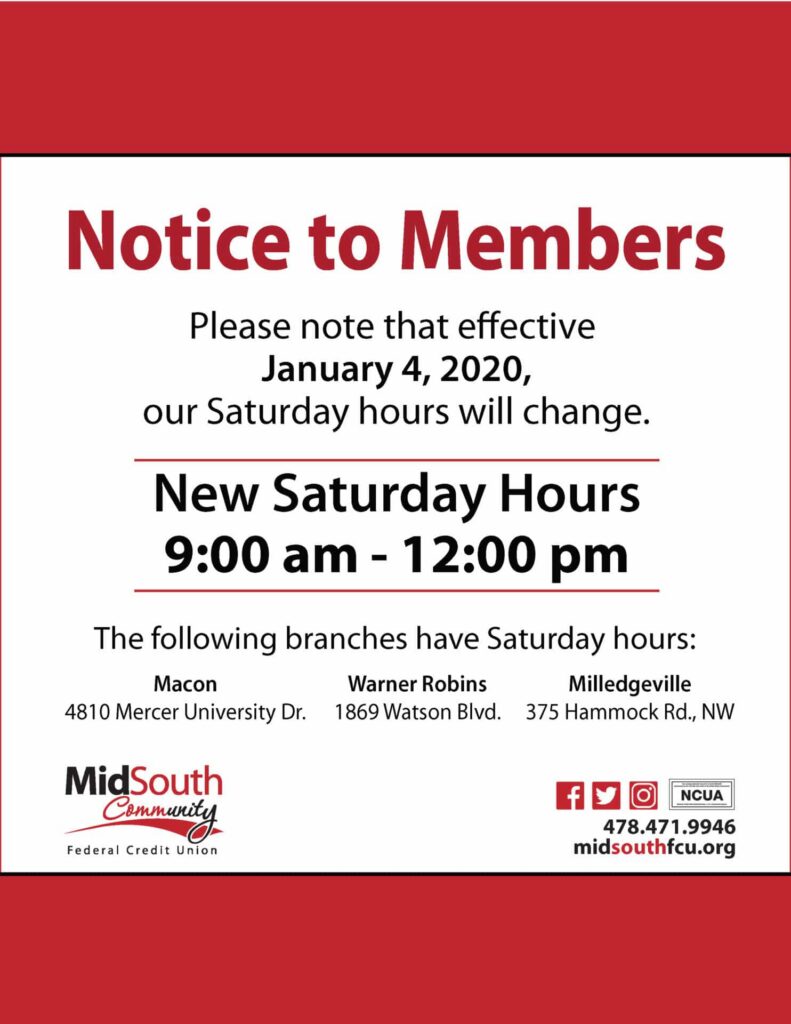 Effective January 4, 2020 our Saturday hours will change to 9am through 12pm