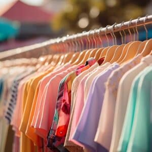 Colorful shirts and blouses on hangers hang neatly outdoors on a rack, sunlit with soft focus in the background.