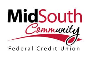 Logo for MidSouth Community Federal Credit Union with bold black and red text. The word Community is in cursive with a red swoosh underneath, and Federal Credit Union is in black below.