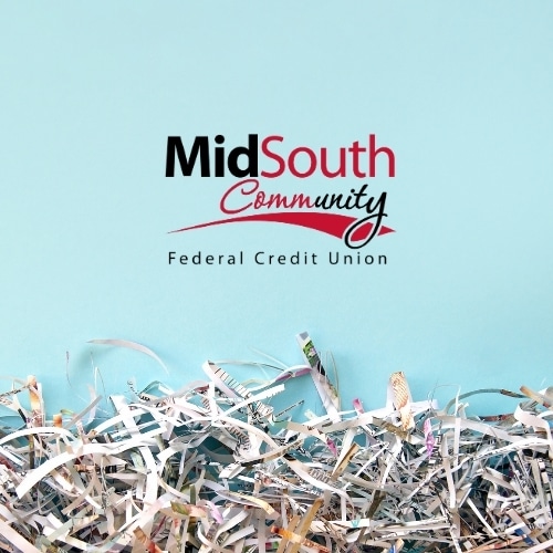 MidSouth Community Federal Credit Union logo above a pile of shredded paper against a light blue background.